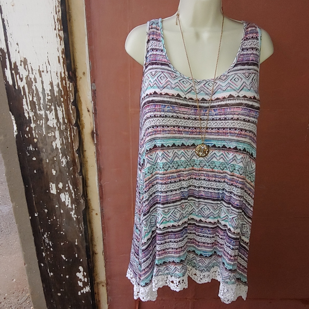 All At Once | Swing Multicolor Aline Tunic Crochet Tank Top Large